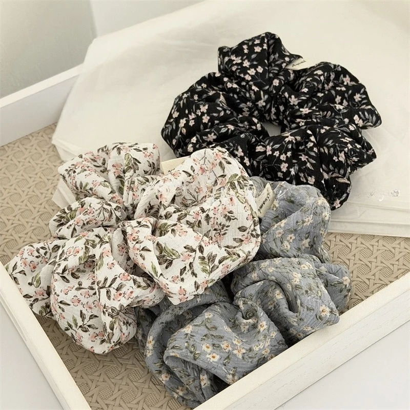 Vintage Floral Fabric Hair Ties Wrinkled Cloth Hair Accessories Elegant Flower Ponytail Holder  Hair Bands Floral Scrunchies