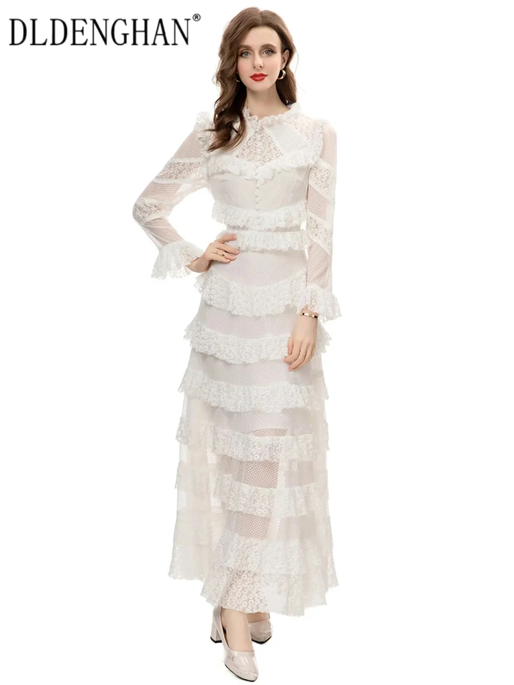 

DLDENGHAN Spring Long Dress Women O-Neck Flare Sleeve Floral Embroidery Ruffles Vintage Party Dresses Fashion Designer New