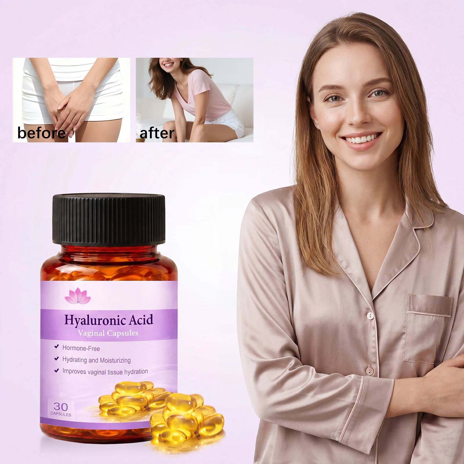 30pcs Intimate Care Hyaluronic Acid Capsules, Hydrating Moisturizing Feminine Private Area Daily Maintenance Capsules for Women