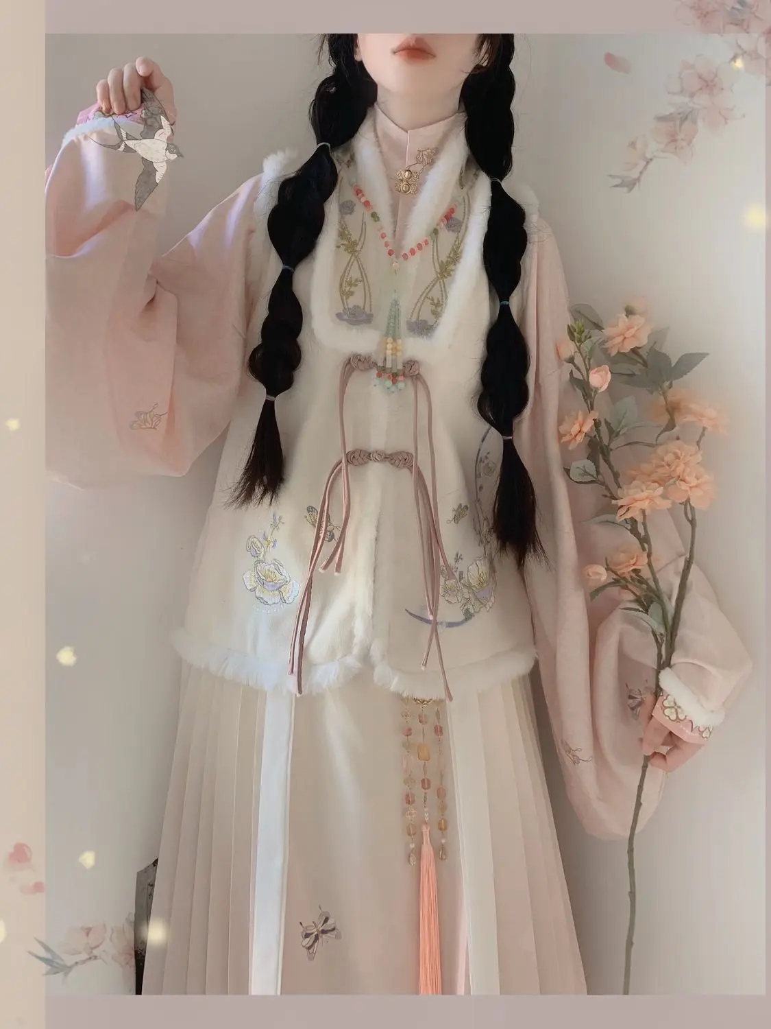 Chinese Hanfu Women's Winte Stand Collar Daily Fresh Embroidery With Plush To Keep Warm New Year Wear Chinese Style Clothes