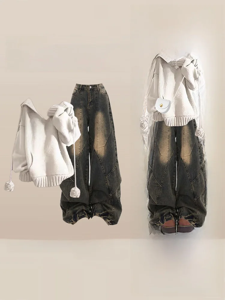 

Осенне-зимний женский комплект: худи и свободные джинсы, вязаный топ, повседневный, модный, удобный, дышащий, из хлопка