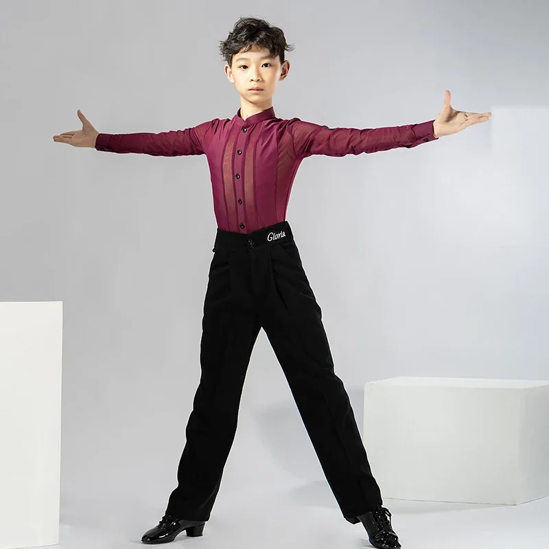 Boys Latin Practice Wear Long Sleeve Stage Performance Costume Modern Dancing Outfit Tango Dancewear Ballroom Dance Shirt