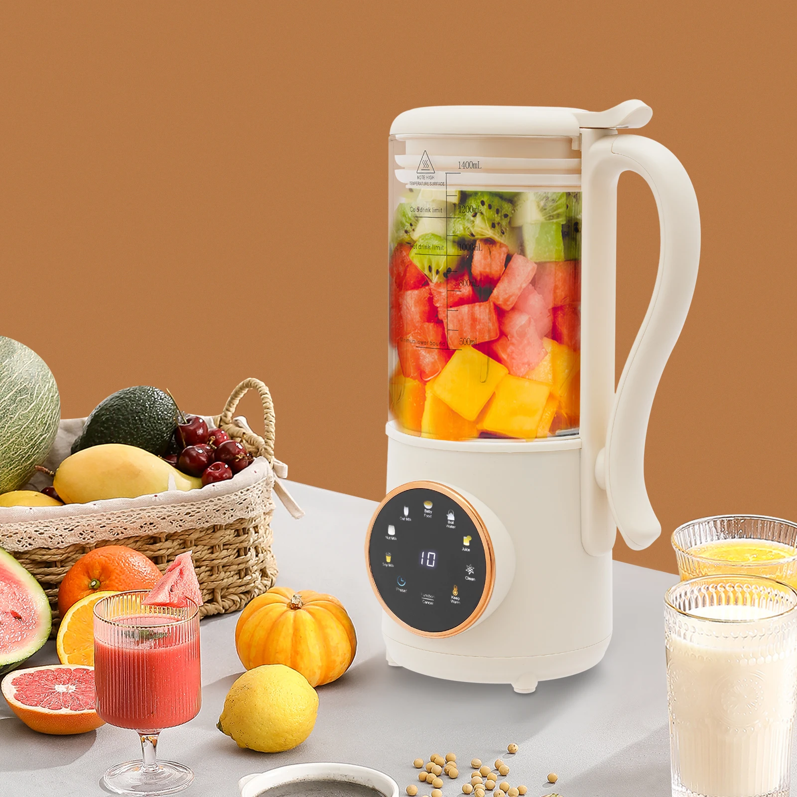Machine à lait de soja électrique 1,4 L, mixeur de comptoir intelligent avec écran LED et fonction de chauffage, mini-mixeur alimentaire domestique