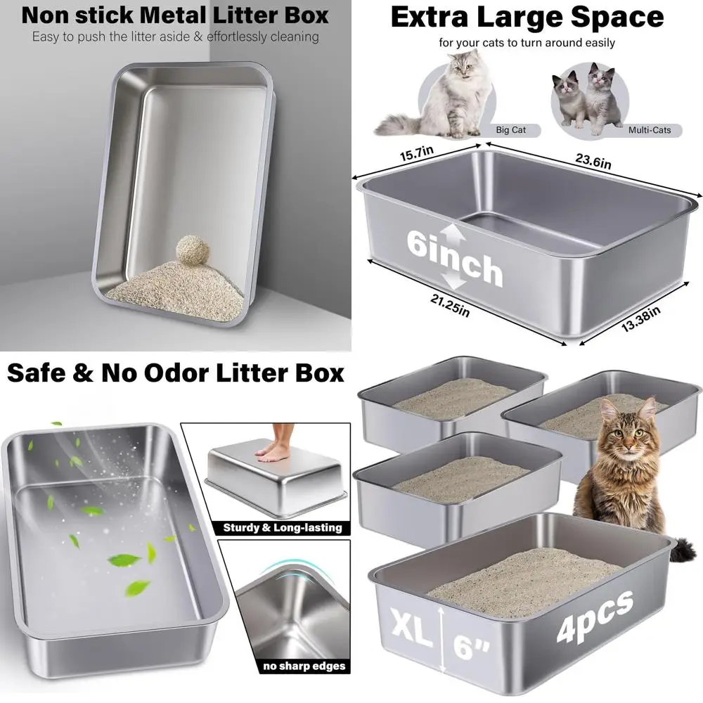 

Очень большой металлический лоток для кошек, 4 штуки в упаковке, 23.6x15.7x6, легко чистится, без запаха, из нержавеющей стали
