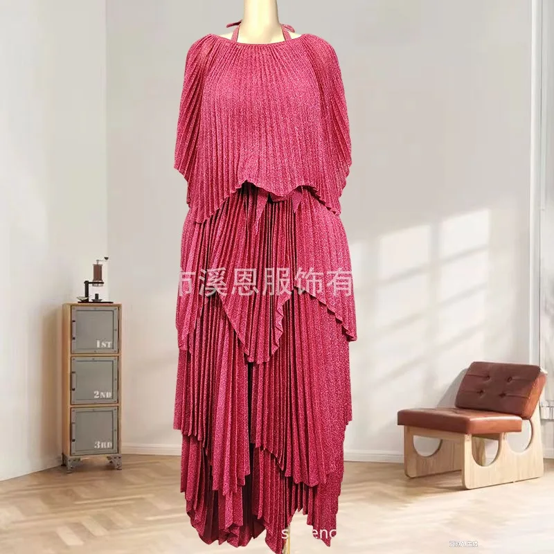 

Комплект плиссированных платьев Miyake, осень 2023, новинка 2023 года, складная шаль с золотыми блестками, висячая шея, платье со складками на шее, женская одежда из 2 предметов