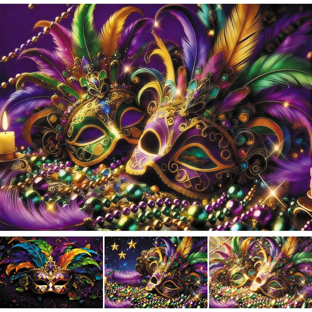 Vibrant Mardi Gras Mask Photography Background Purple Gold Green Feather Pearl Holiday Party Decor Backdrop Photo Studio Props