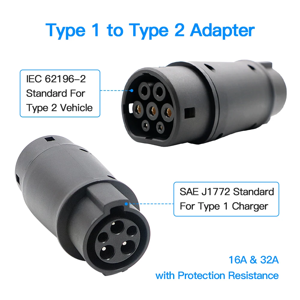 Electric Car Charging Adapter Barrel，32A EV charger converter charging station IEC 62196 Type2 to J1772 Type1 and Type1 to Type2