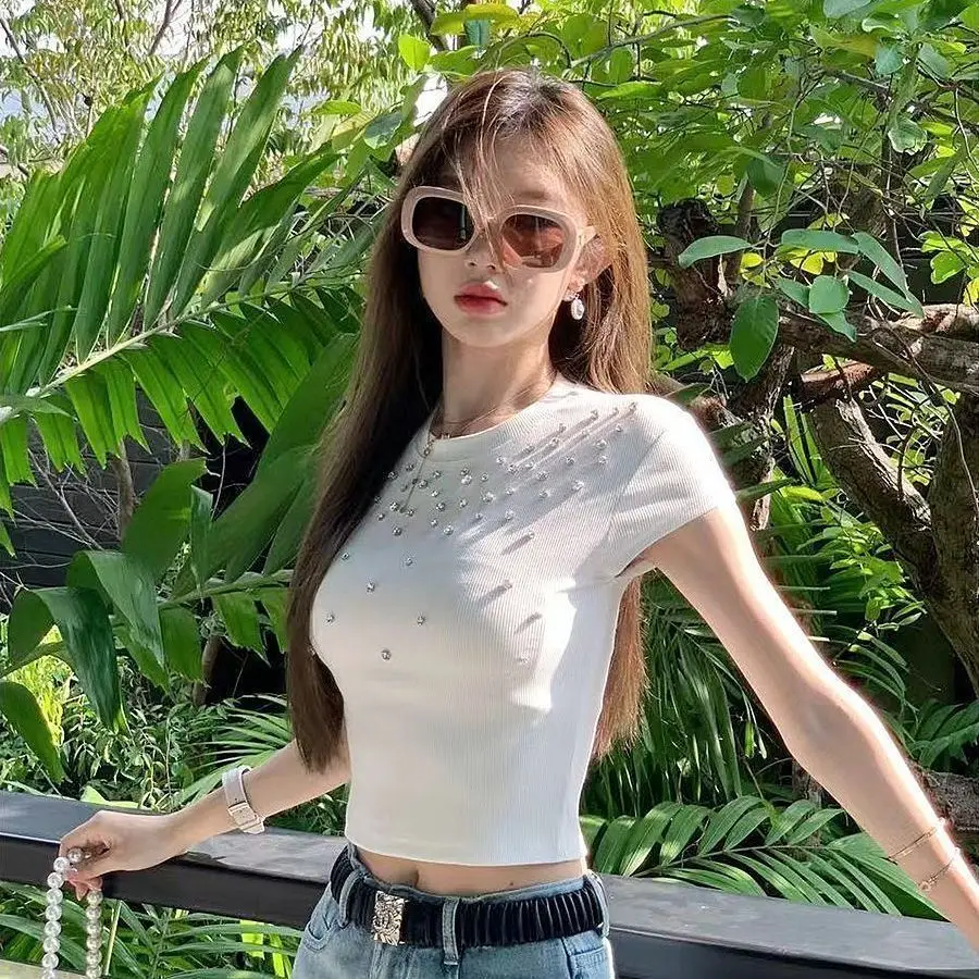 Summer Women's Short Sleeves with Diamonds Y2K Girls T-Shirt Female Sexy Crop Tops Slim Fit Pulovers Ladies Round Neck Tees