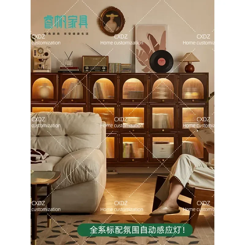 Nordic Solid Wood Bookcase with Glass Door Dustproof Arched Retro Low Cabinet Living Room Display Storage Locker