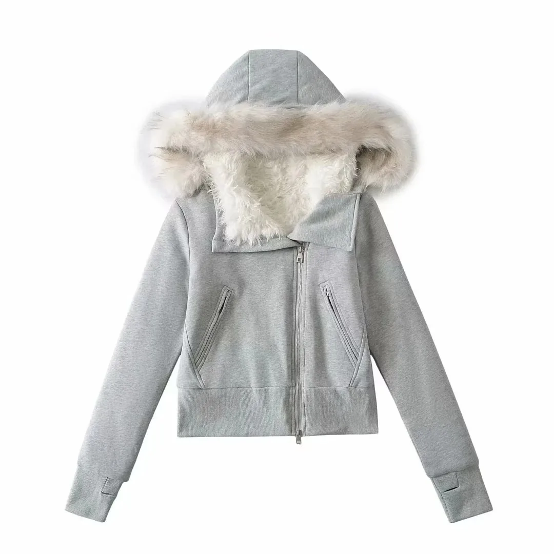 Autumn Winter Thickened Large Fur Collar Zipper Sweatshirt Jacket for Women with Fleece Lining Waist-Cinching Hooded Cotton J3HA