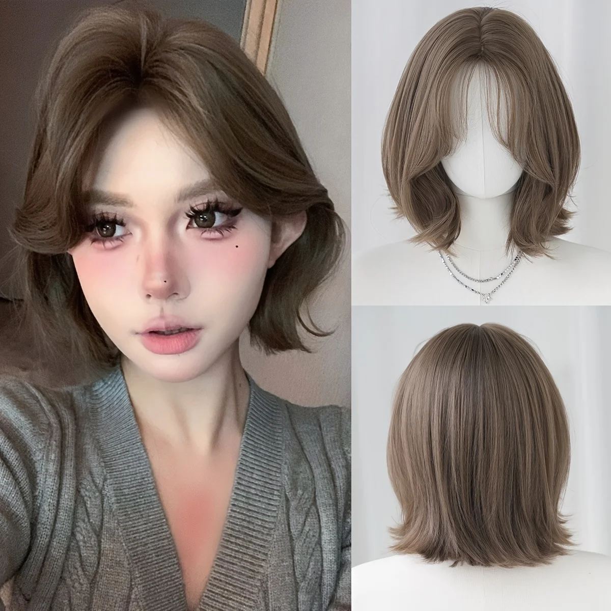 

Цельный оливково-коричневый и темный чай, пушистые синтетические волосы высокой плотности, вьющийся парик длиной до плеч с волнистыми волнами для женщин