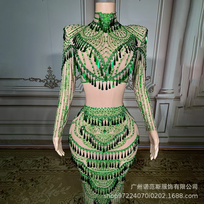 Verde Bianco Temperamento Moda Due pezzi Azienda Riunione annuale Cerimonia di premi Abito da sera Abito da canto per palcoscenico di gruppo da donna