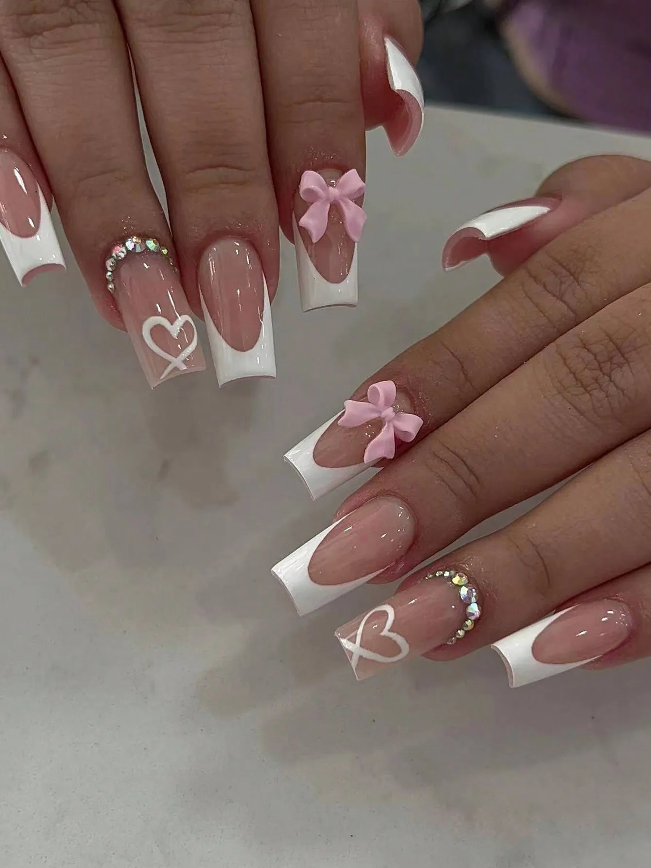 

24Pcs Pink Bow Heart French Coffin Press On Nails, Rhinestone False Nails with Jelly Gel & File
