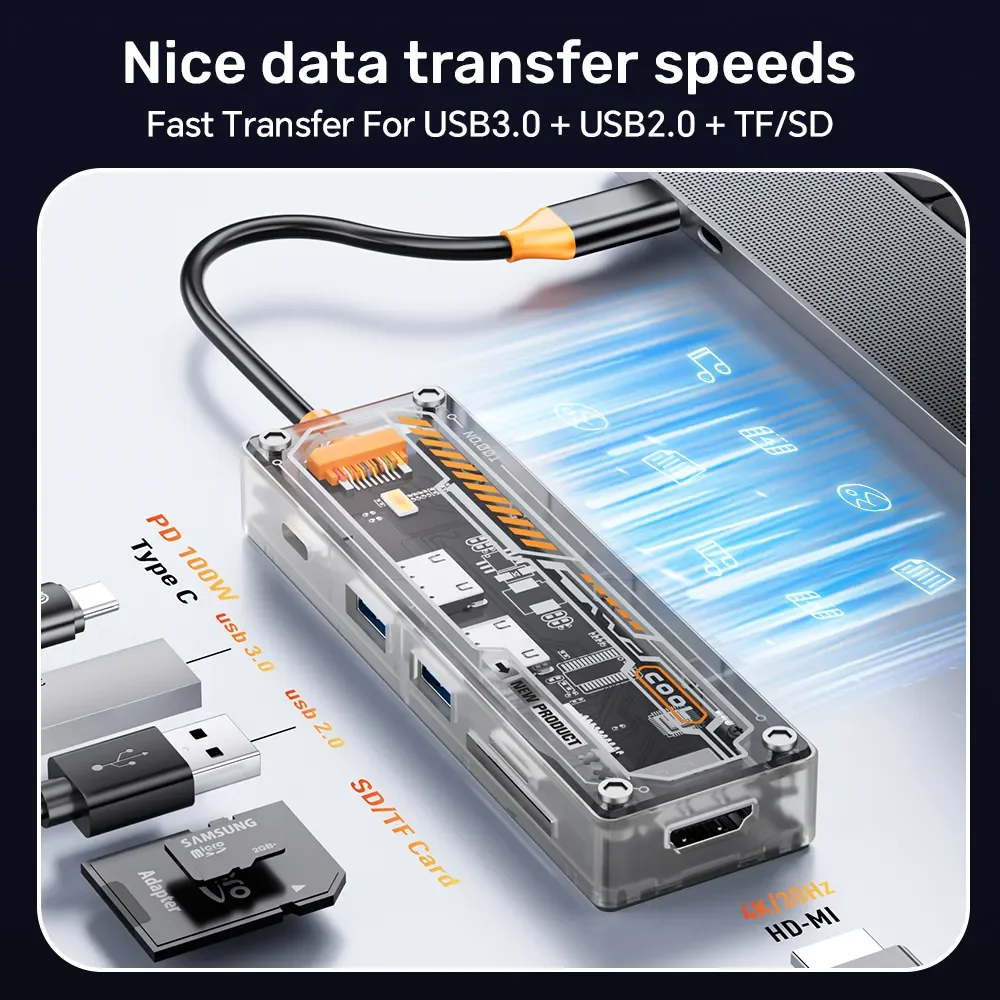 ASOMETECH 6 في 1 USB HUB Type-c إلى HDMI-متوافق 4K TF PD 100W محول لماك بوك برو USB 3.0 Hub ملحقات الكمبيوتر المحمول اللوحي #3