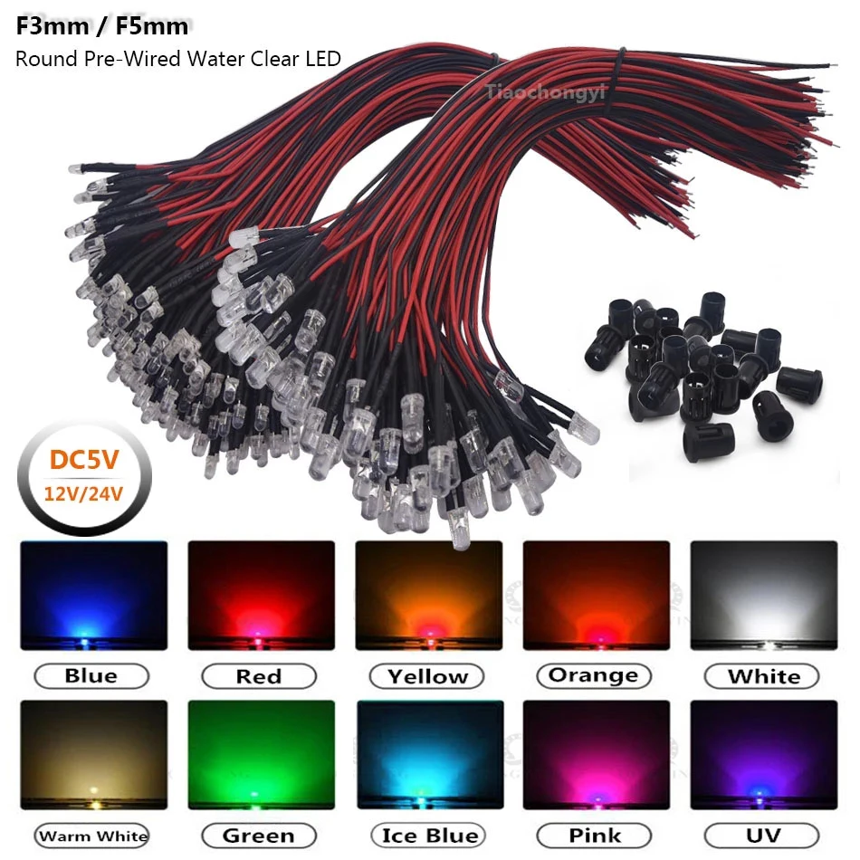10-50 sztuk 3mm 5mm dioda okrągłe led DC5V 12V 24V wstępnie okablowana przezroczysta żarówka wodna diody świecące czerwony zielony niebieski biały żółty UV RGB