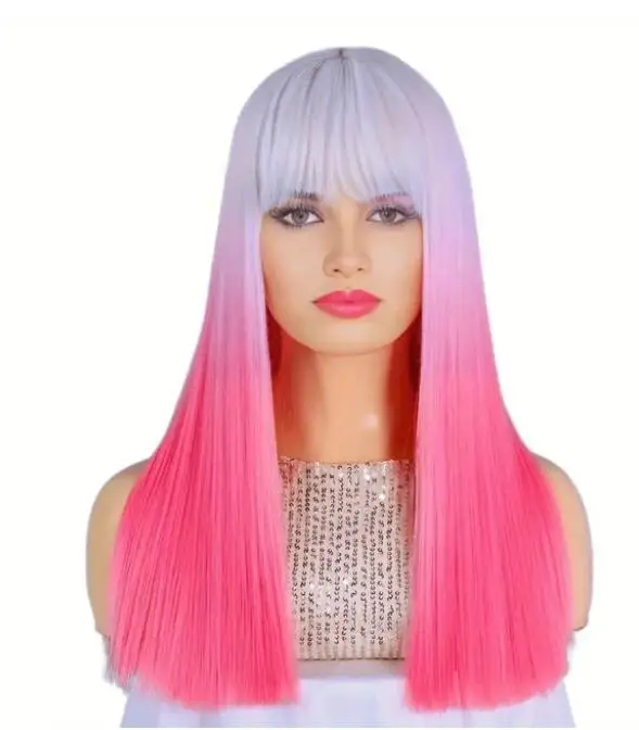 Perucas sintéticas longas e retas com franja para mulheres, cabelo com fibra resistente ao calor, 18 ° natural, rosa e azul