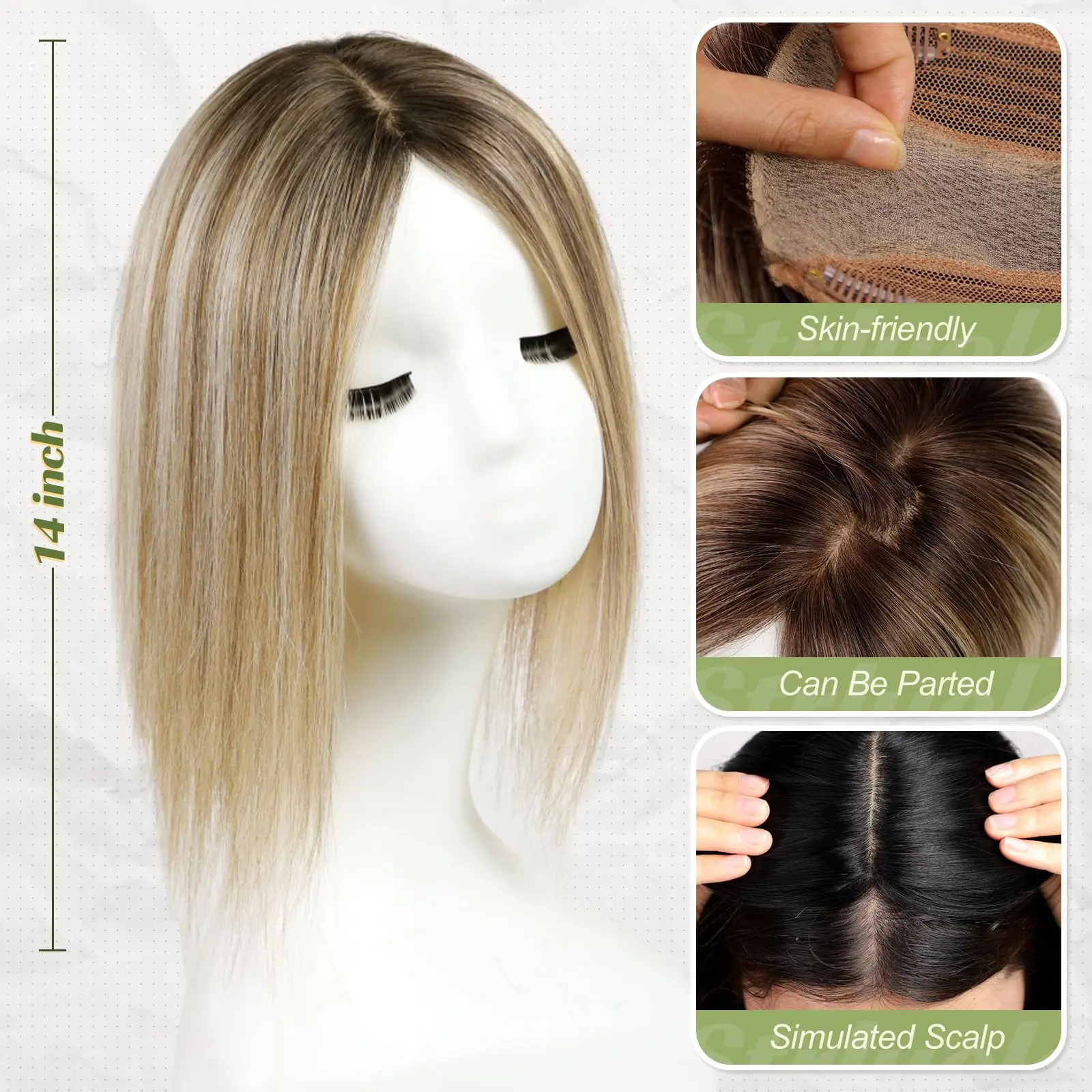 14 inch Human Hair Toppers Brown Mixed Blonde Human Hair Toppers 3 Clips Silk Lace Base in Toppers for Women with Thinning Hair