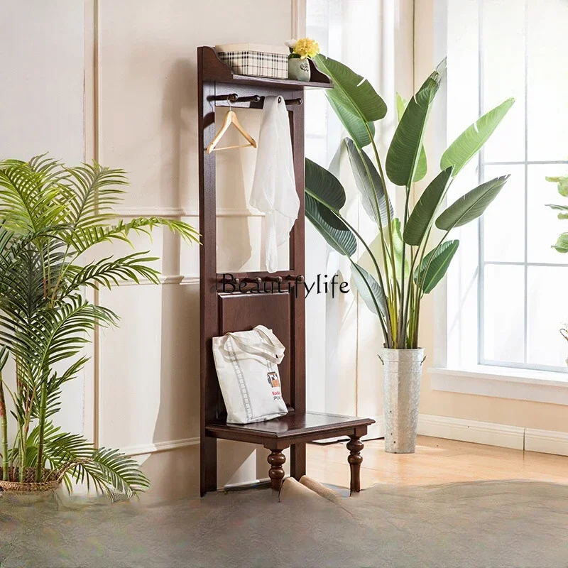 

American coat rack Solid wood floor rack Hanging hanger Living room shoe changing stool