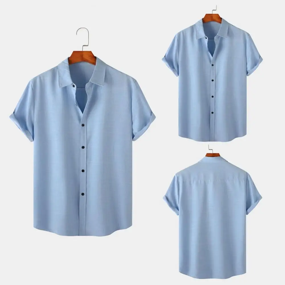 Camisa de gola lapela respirável masculina com ajuste solto para conforto, monocromática, casual, verão