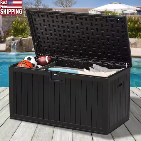 Outdoor Waterproof Resin Deck Box with Lock 150 Gallon Storage Box Adjustable Divider Easy Assembly Durable Garden Tool Patio