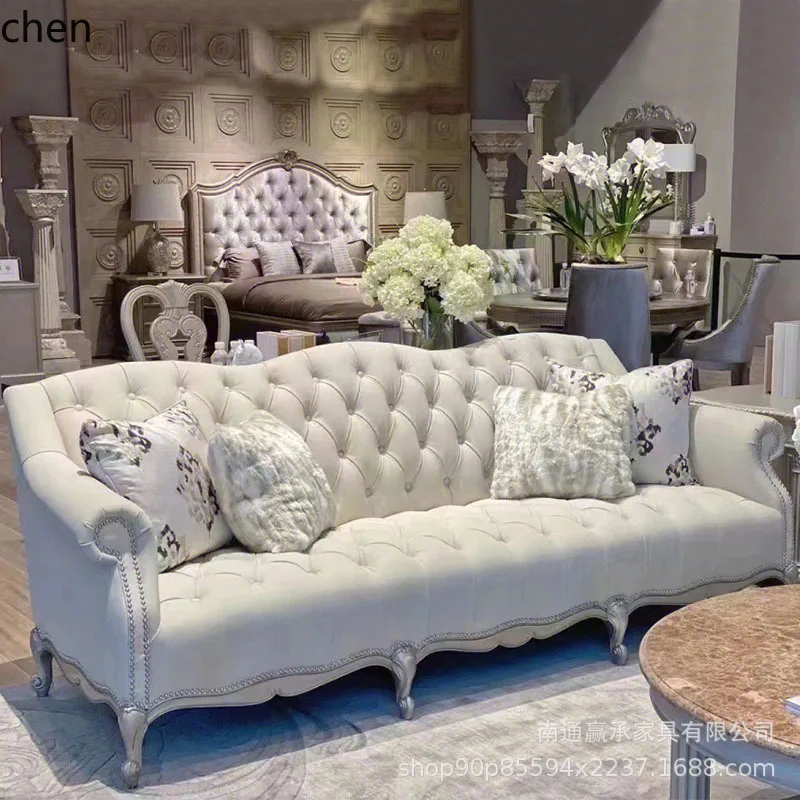 HXL Sofa Set Retro Solid Wood Carved Living Room Three-Seater Complete Sofa