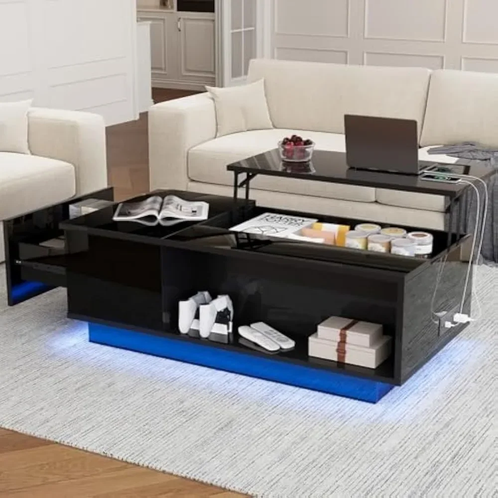 Mesa de centro LED moderna de 47 pulgadas con tapa elevable, mesa de centro totalmente negra con superficie de alto brillo, almacenamiento oculto con cajón