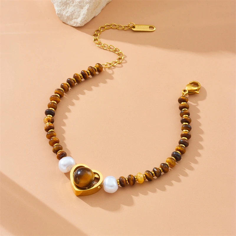 DIEYURO 316L Stainless Steell Maillard Wind Heart Tiger Stone Pearl Beaded Bracelet For Women New Trend Hand Chain Jewelry Gift