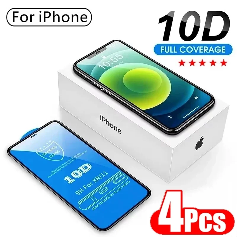 

4Pcs 10D Tempered Glass For iPhone 15 13 12 14 16 Pro Max Mini 7 8 Plus Full Cover Screen Protector For iPhone 11 XR X XS MAX SE