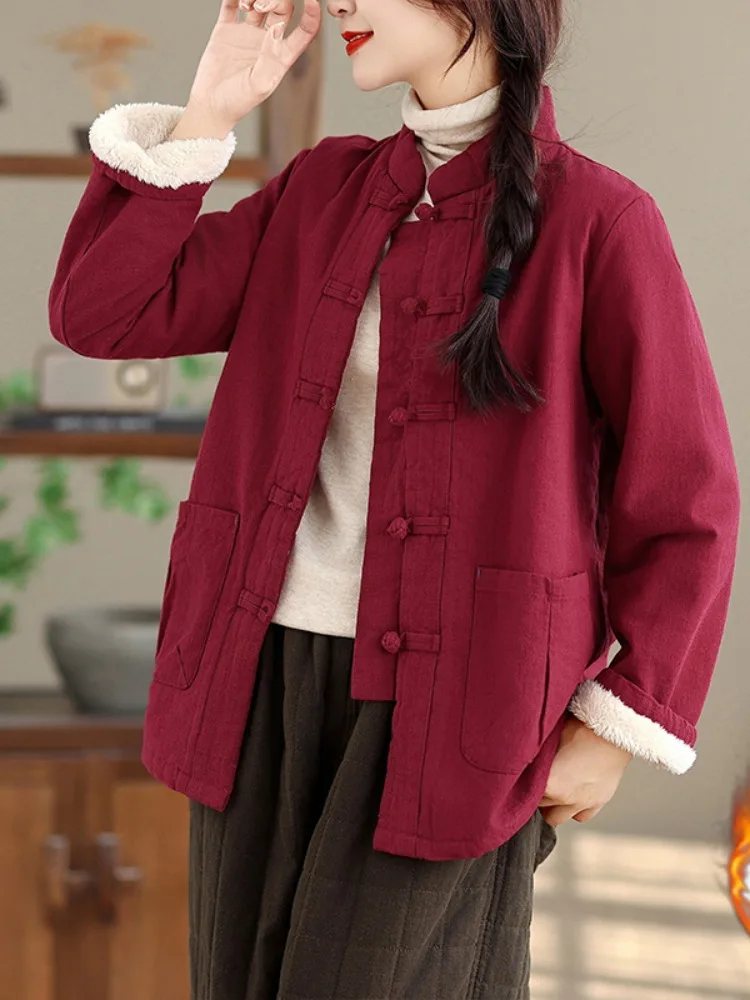 Women's Lamb Fur Jacket Winter Robe Zen Clothing Tang Costume Fleece Lined Cotton Linen Stand Collar Button up Thickened Long...
