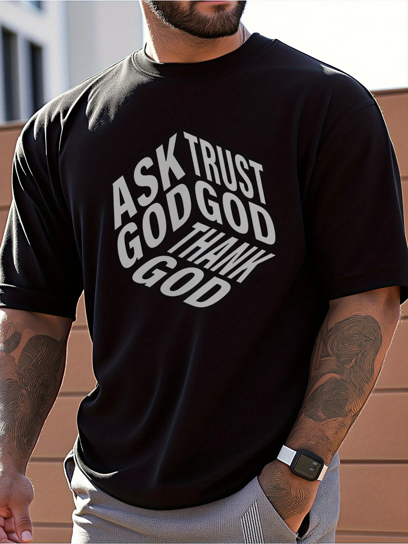 

Men's Inspirational "Pray, Believe in God, Thank God" Pattern T-Shirt - 100% Cotton Casual Crew Neck Short Sleeve