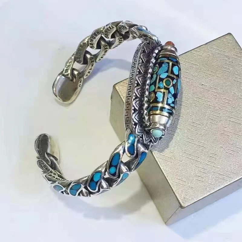 S925 Silver Ethnic Style Inlaid Turquoise Spiral Orchid Turn Bead Six Character Truth Bracelet For Men And Women