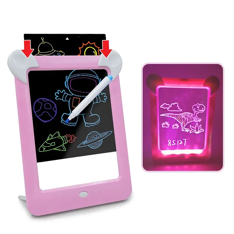 Prancheta de desenho luminosa mágica daw com luz-fun sketchpad placa caneta fluorescente russo inglês iluminar jogar brinquedos para crianças