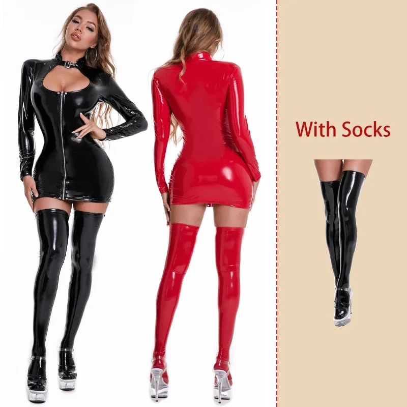 Women PU leather short dresses long sleeve zipper wetlook latex sheath clothing sexy woman erotic breathe reveal mini dress as53