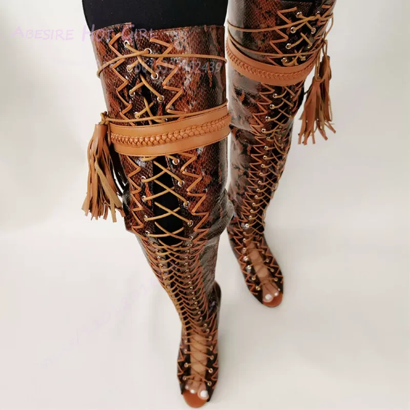 Brown Snake Print Thigh Boots Women Flats Autumn Black Leather Round Toe Pants Tie Tassel-Tie Zipper Booties Cool Fashion Shoes