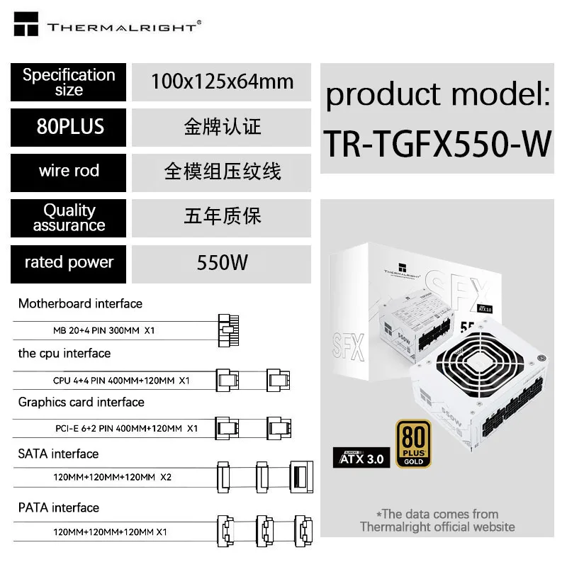 Imagem -02 - Ouro 750w Módulo Completo 850w 550w Sfx Pequeno Computador Host Itx Fonte de Alimentação Thermalright-tgfx650-w