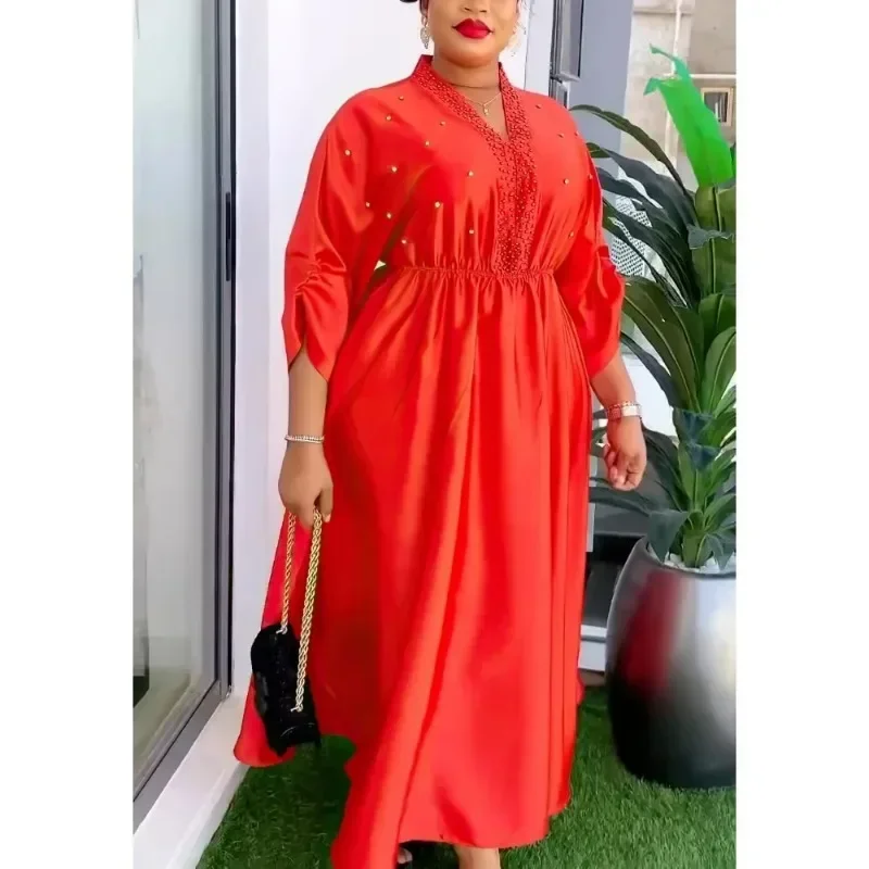 Frauen Elegante Glänzende Satin Lose Party Kleid V-ausschnitt Perlen Hohe Taille Lange Kleider Formale Feiern Abend Event Geburtstag Roben