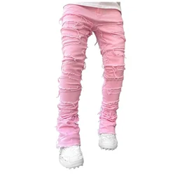 Pink Fashion Stretchy Patch Jeans Men Tassels Destroyed Ripped Broken Denim Pants High Street Y2K Patchwork Pants Male Trousers