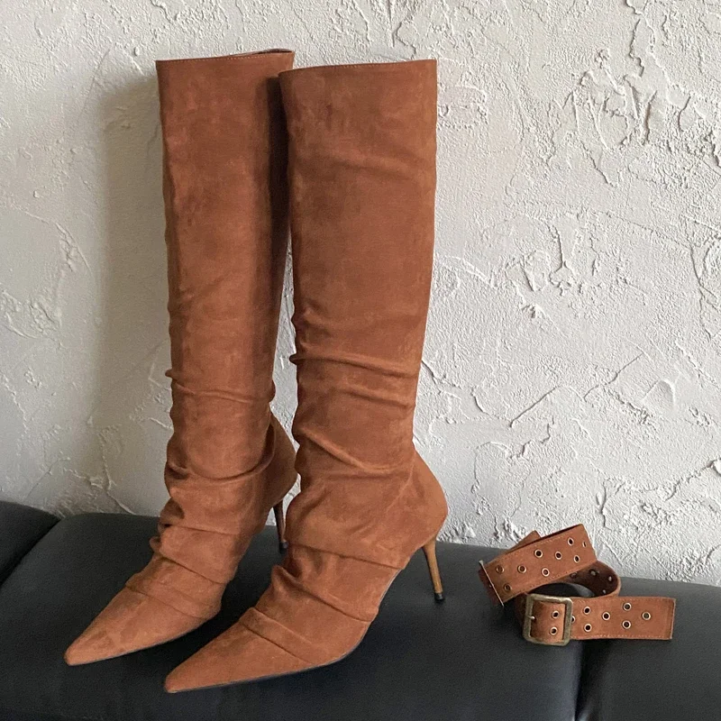 Aneikeh جديد الخريف الشتاء رقيقة أحذية عالية الكعب موضة حزام مشبك أشار تو المرأة الركبة عالية فستان الحفلات الأحذية