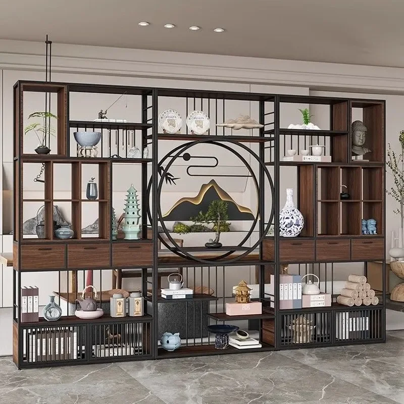 Retro Wrought Iron Floor to Ceiling Bookshelf Chinese Style Room Divider Shelf for Office Tea Room Storage Display Rack