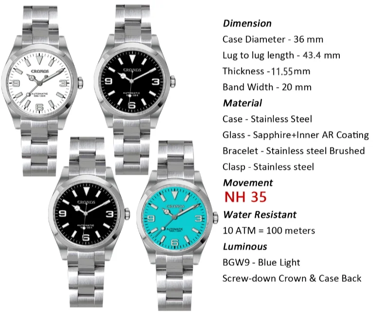 Cronos Luxury Men\'s watches 36mm Explore Climbing Series Fashion Couples Sport Watch Unisex Automatic Mechanical Watch 10Bar