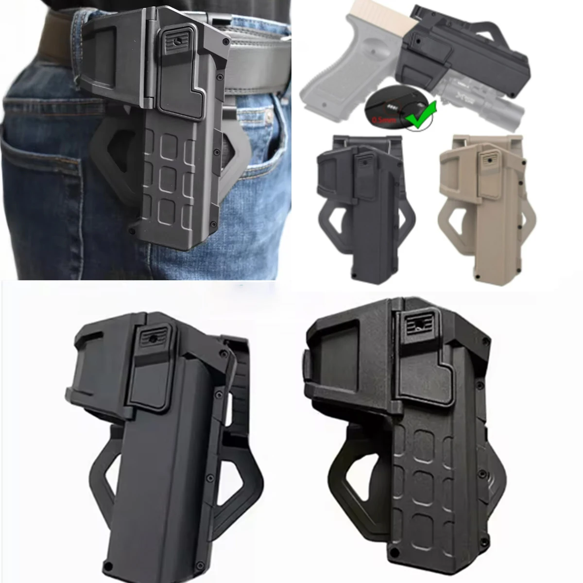 

Тактические аксессуары для пистолетов Glock 17, 19, 1911, P320: кобуры для фонарей X300, X400, кобуры для страйкбола, поясные кобуры для оружия.