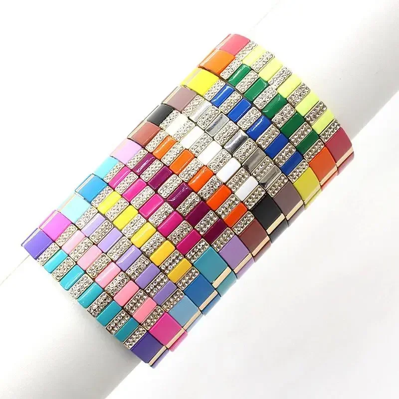 Rainbow Color Women's Bracelet Dot Drill Geometric Rectangle Colored Enamel Tile Bracelet Personality Stackable Bracelet