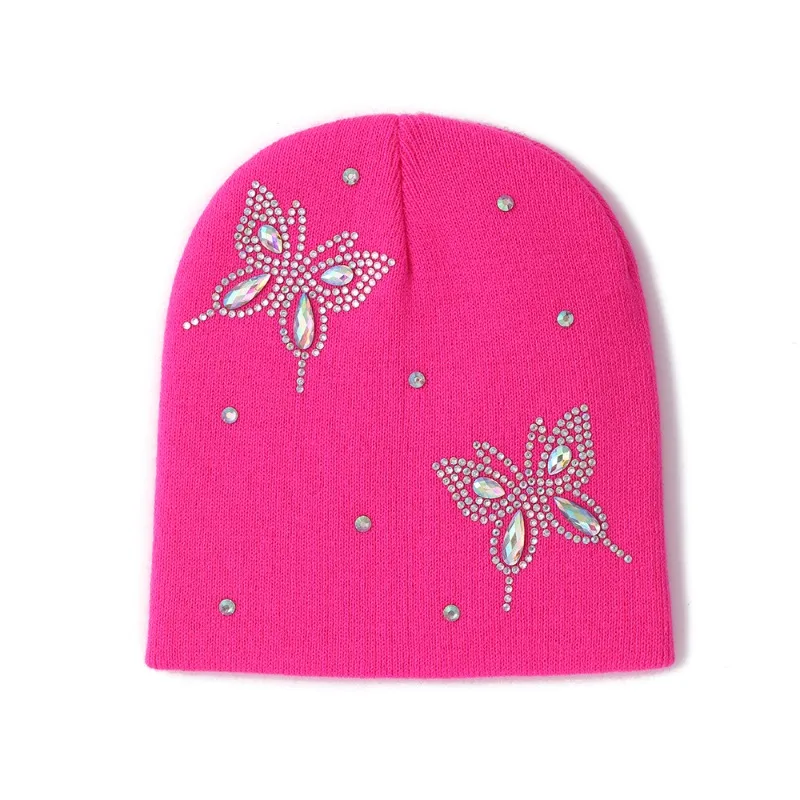 Fashion Rhinestone Knitted Hat Butterfly Lace Cold Hat Winter Light Breathable Warm Hat Women Outdoor Beanie Cap Soft Cozy