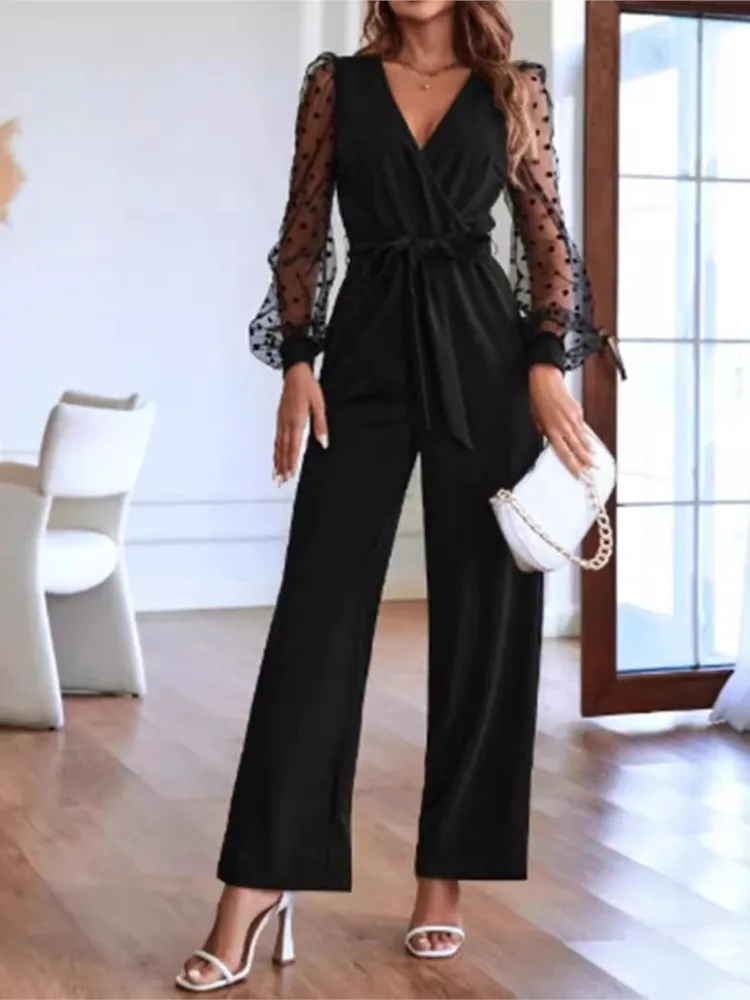 New Fashion V Neck Women\'s Lace Long Sleeve Jumpsuit Belt Straight Pants Elegant Women\'s Clothing Autumn Casual Black Jumpsuits