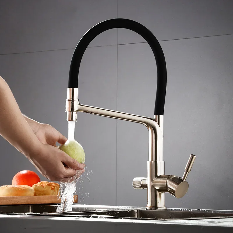 Kitchen Water Filter Faucet Brass Drinking Filtered Crane Dual Spout Mixer 360 Degree Rotation Water Purification Feature Taps