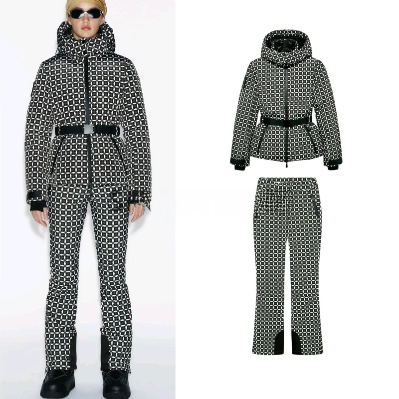 

Snowsuit Cotton Jaet with Hood And Print Long Sve Stand Collar High Waist Bell Bot Pants Winter Faion Women's Set