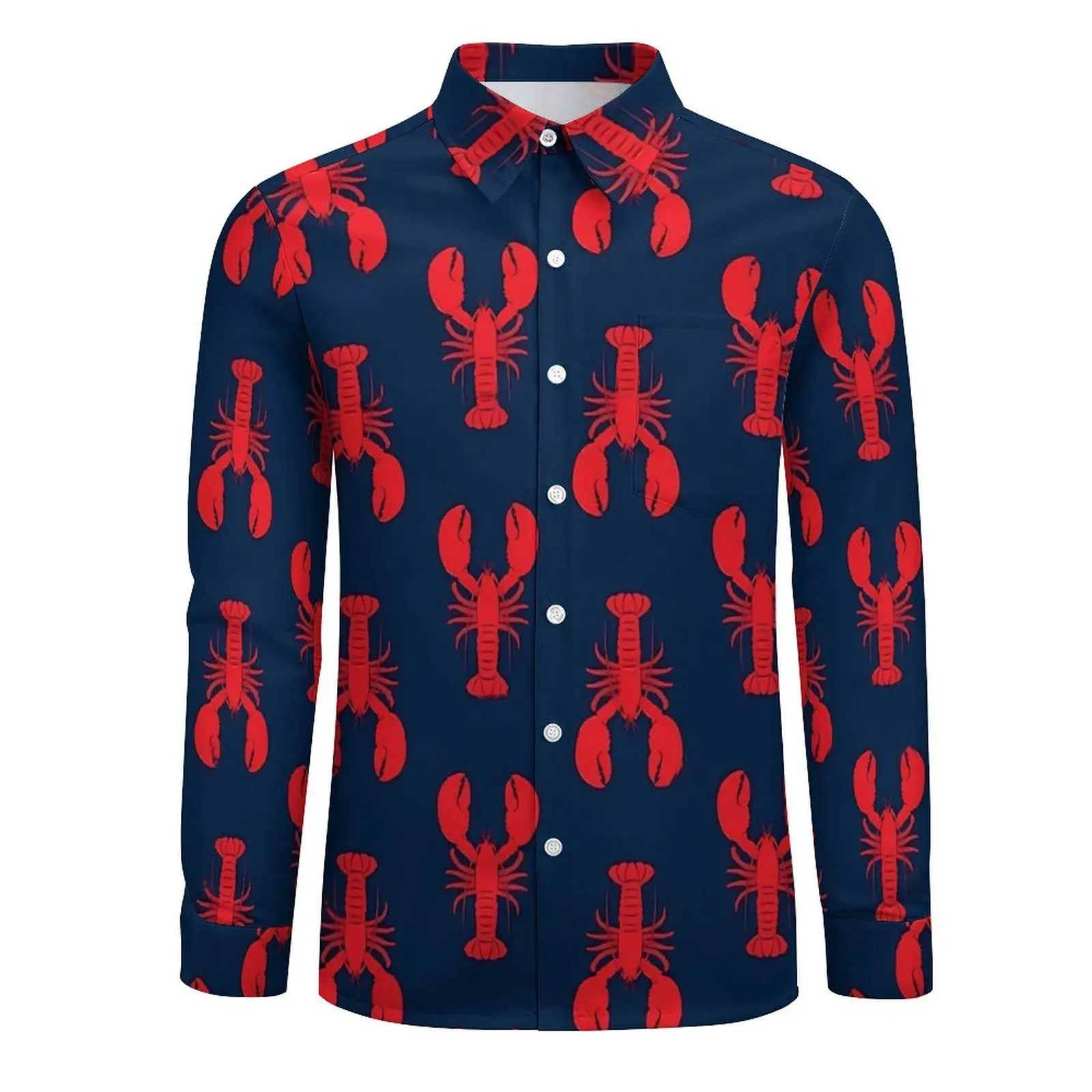 Men's Shirt Lobsters Casual Shirts Long Sleeve Red Animal Print Y2K Street Blouse Autumn Retro Design Oversized Tops