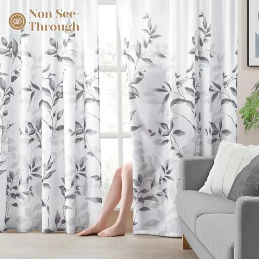 Non-See-Through Light Grey and White Privacy Sheer Curtains 52 X 63 Inch Length 2 Panels, Leaf Floral Printed Light Filtering S