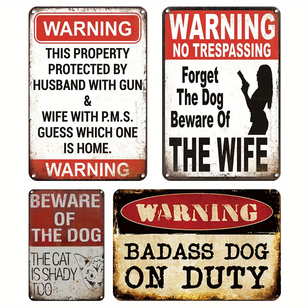 2D Flat, 4pcs Vintage Metal Warning Sign Set, Funny Humorous 