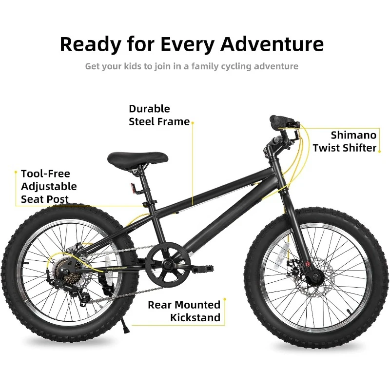 20 Inch Mountain Bike 3-Inch Wide Knobby Tires, 7 Speed Shimano Drivetrain, Disc Brakes Fat Tire Kids Bicycles